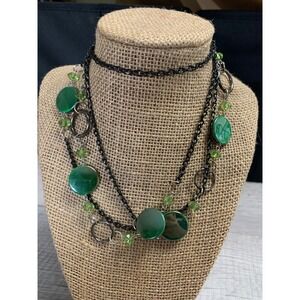 Vintage 90s Green Metal Disc Beaded Long Rope Necklace 60" Black Chain Gunmetal